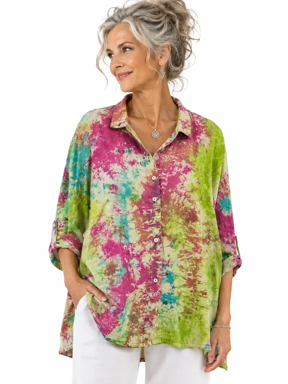 Dilemma New York Womens Button Up Shirt Size L Watercolor Art To Wear Rave - Picture 1 of 10